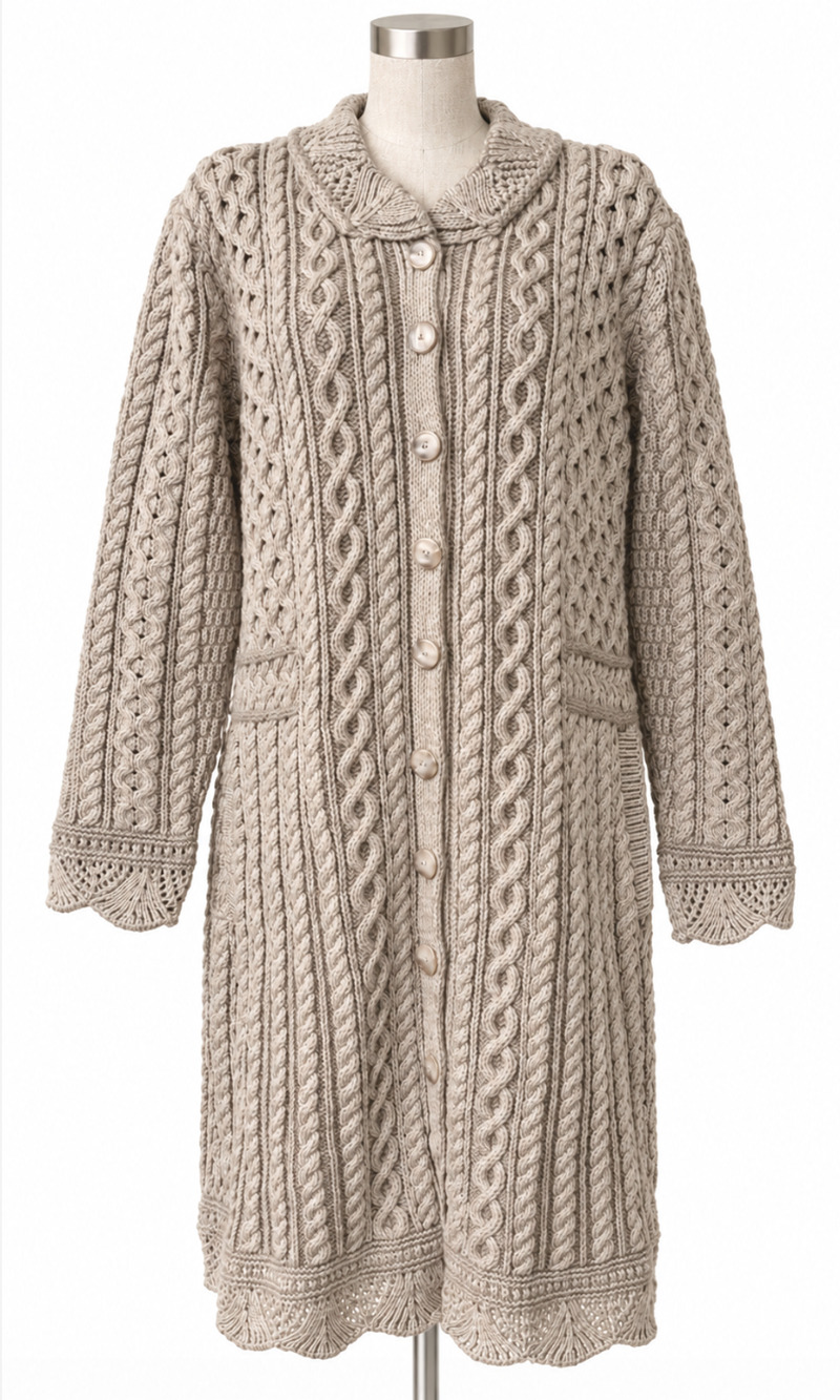 ARAN CRAFTS SANDSTONE SCALLOP MERINO WOOL PLATED LONG CARDIGAN SWEATER COAT XL